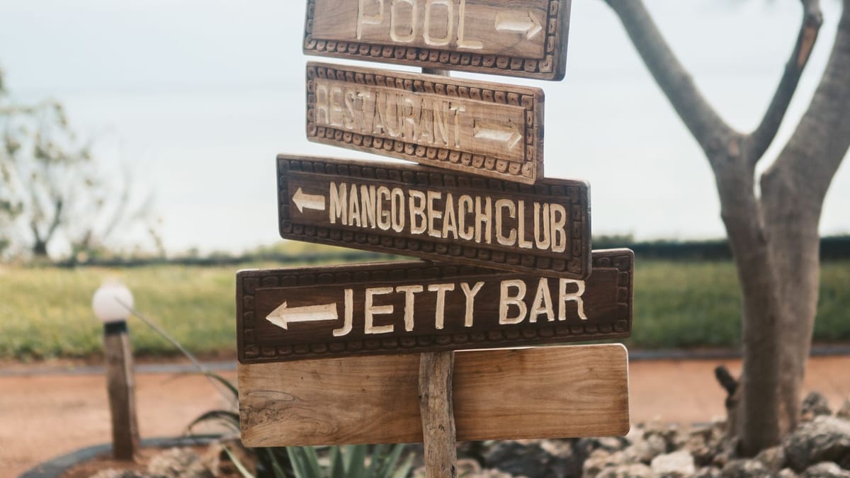 Wooden arrow sign boards point in different directions near a cactus.