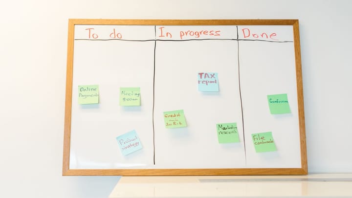 Sticky notes arranged on a whiteboard.